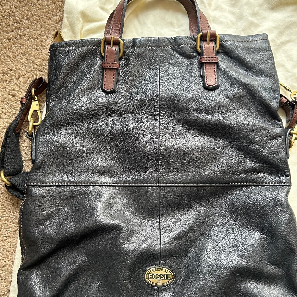 Fossil black leather large tote bag